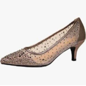 XYD Pewter Closed Toe Slip On Graceful Mesh Pumps Rhinestone Studs Comfy Shoes